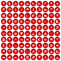 100 weather icons set in red circle isolated on white vector illustration