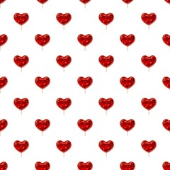 Red heart shaped lollipop pattern seamless repeat in cartoon style vector illustration
