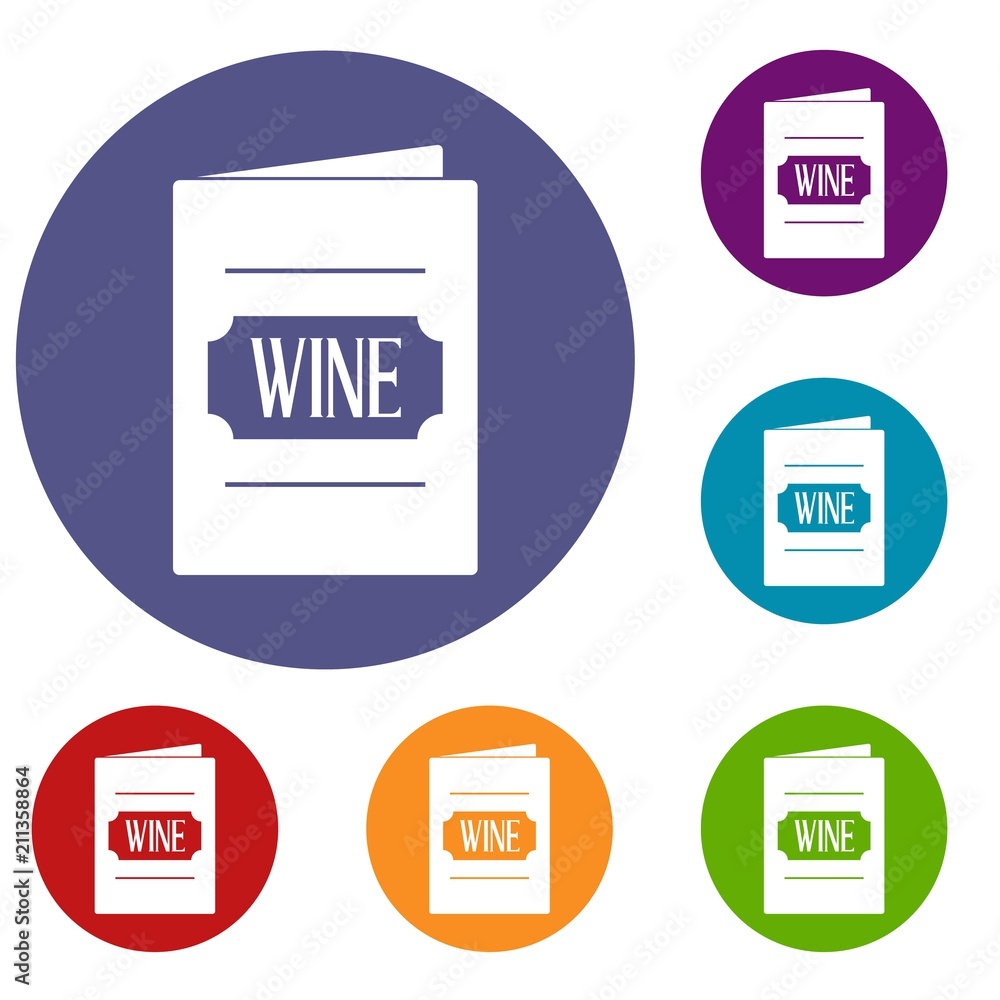 Poster wine list icons set in flat circle red, blue and green color for web