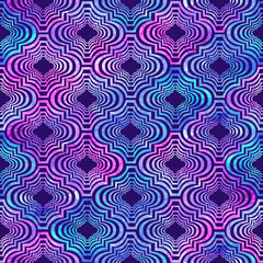 Bright curly eastern geometrical shape abstract grunge colorful splashes texture, watercolor seamless pattern design in blue-purple color palette on dark background