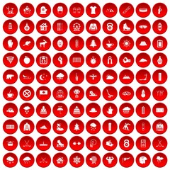 100 winter sport icons set in red circle isolated on white vector illustration