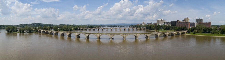 Fototapeta na wymiar Harrisburg Pennsylvania Susquehanna River Panorama Aerial Perspective Above Bridge Infrastructure Landscape