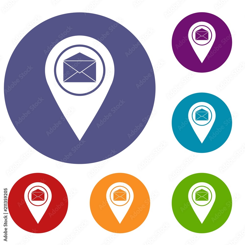 Poster marker location with envelope sign icons set in flat circle red, blue and green color for web
