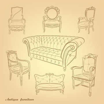 Antique furniture .Retro Furniture .Set of Hand Drawn Antique Furniture