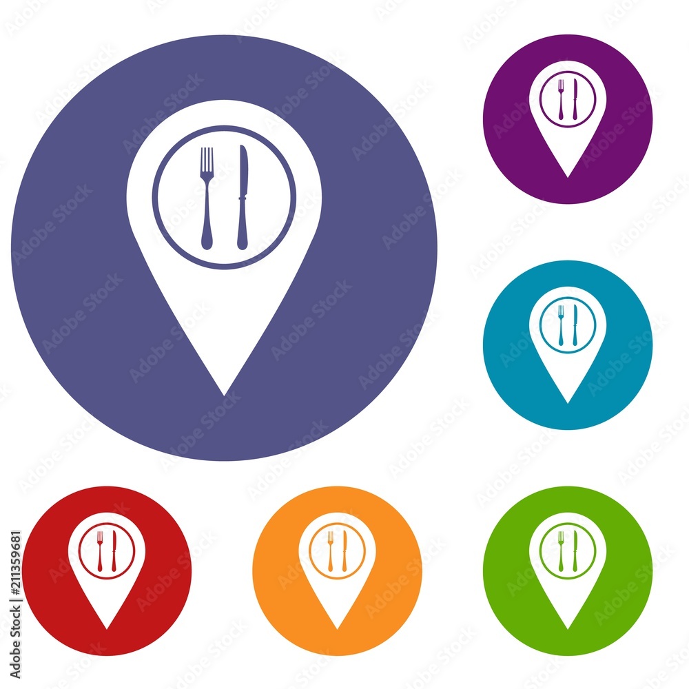 Poster map pin pointer with cafe or restaurant sign icons set in flat circle red, blue and green color for 