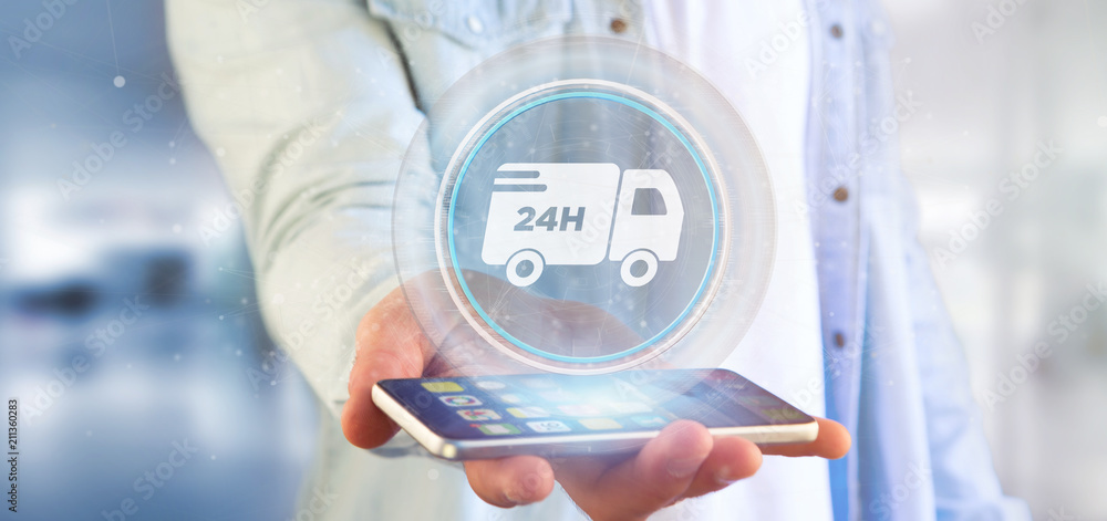Poster businessman holding a fast delivery button with connection 3d rendering