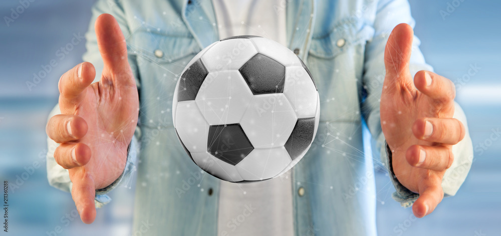 Poster man holding a football ball and connection isolated 3d rendering