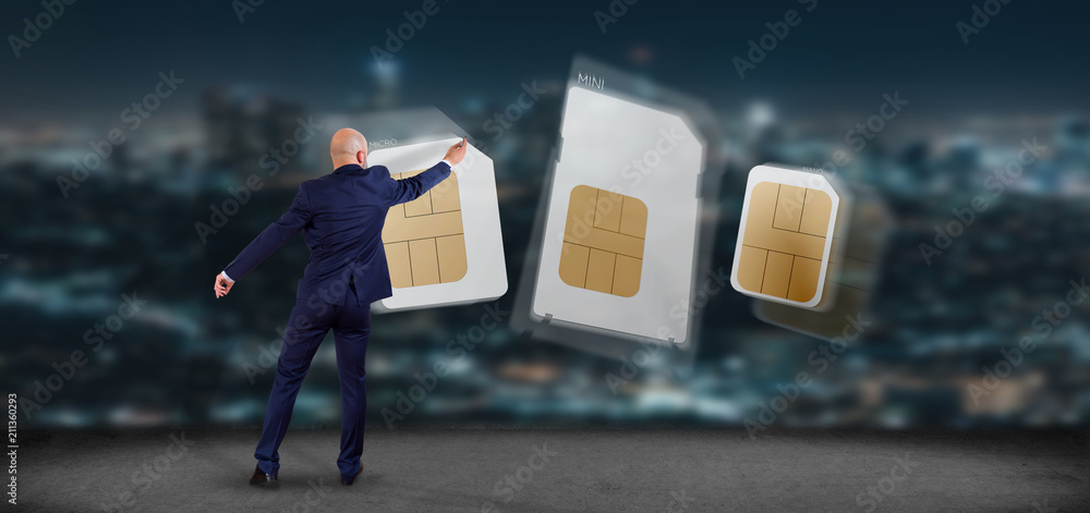 Poster businessman drawing different size of a smartphone sim card 3d rendering
