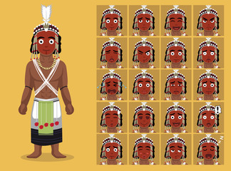 African Tribe Clothes Male Wodaabe Cartoon Emotion faces Vector Illustration