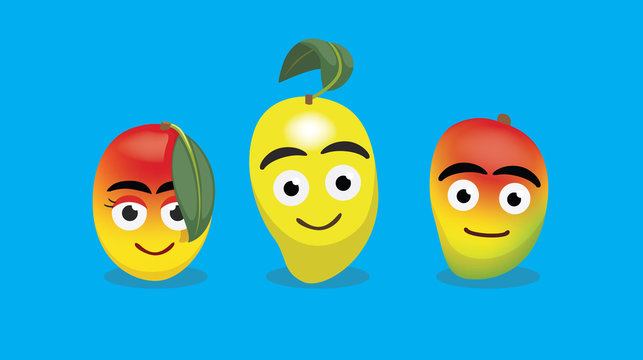 Cute Mango Cartoon Character Faces Vector Illustration