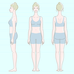 レオタードを着た白い肌の女性の全身図、正面、側面、背面