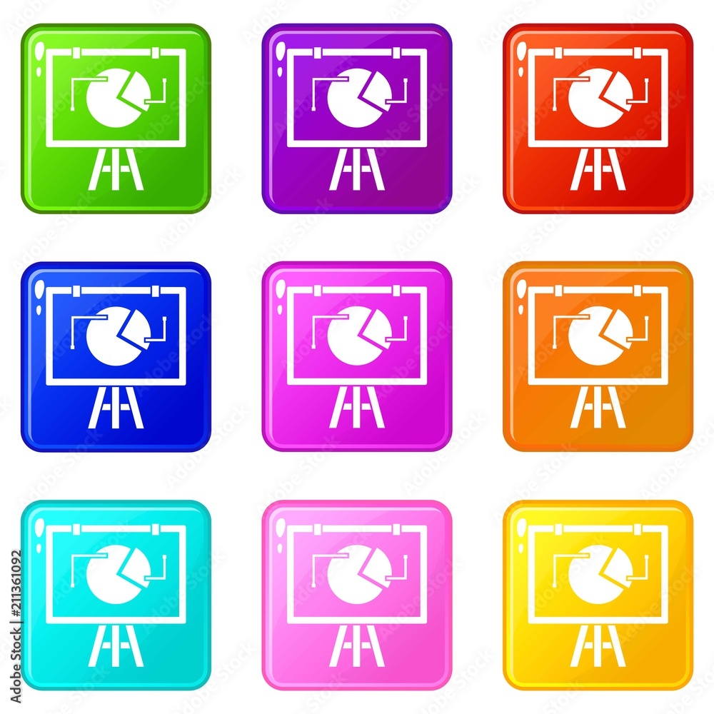 Poster flip chart with statistics icons of 9 color set isolated vector illustration