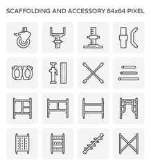 Scaffolding icon also called scaffold or staging. Temporary structure to support work in construction, maintenance and repair of building. Consist of wheel or caster, platform, ladder and frame etc. - obrazy, fototapety, plakaty