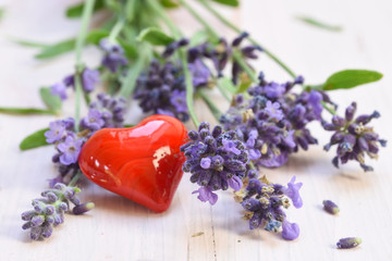 blooming lavender and a red heart from glass on a white painted wooden background