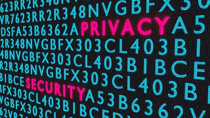 Red glowing word privacy and security on a random blue letter wall