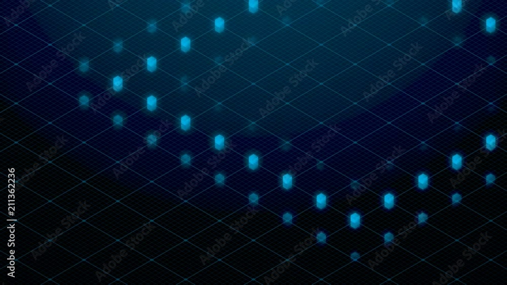Poster abstract 3d isometric virtual ripple cube box glowing with square mesh pattern illustration, blockch