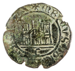 Ancient medieval fleece coin of the King Enrique IV. Maravedi. Spain. Obverse.