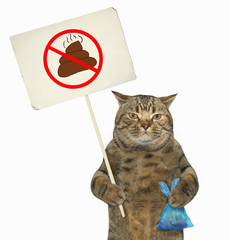 The cat holds a sign 