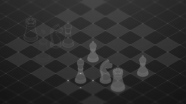 3D isometric virtual transparency chess with square mesh pattern chessboard, Business technology strategy concept design on black background, seamless looping animation 4K with copy space