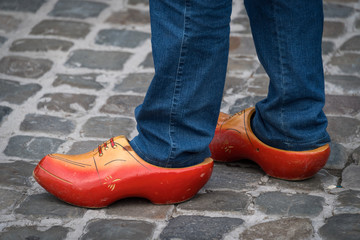 Traditional Dutch clogs being worn at Gouda, Netherlands