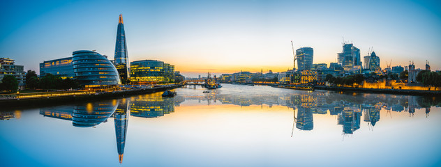 London skyline panorama at sunset, seen from Tower Bridge