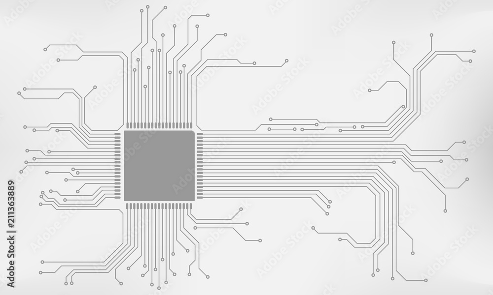 Poster Circuit Board CPU Microprocessor Interface Connection Vector Background. Gray Abstract Line Connection Trace Pad Illustration.
