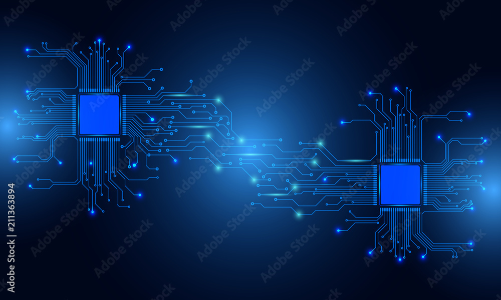 Fototapete Circuit Board Technology CPU Microprocessor Interface Connection Vector Background. Blue Abstract Scifi PCB Trace Data Transfer Design Illustration.