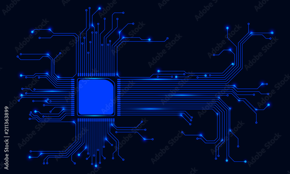Poster Circuit Board Technology CPU Microprocessor Interface Connection Vector Background. Blue Abstract Scifi PCB Trace Data Transfer Design Illustration.