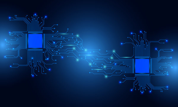 Circuit Board Technology CPU Microprocessor Interface Connection Vector Background. Blue Abstract Scifi PCB Trace Data Transfer Design Illustration.