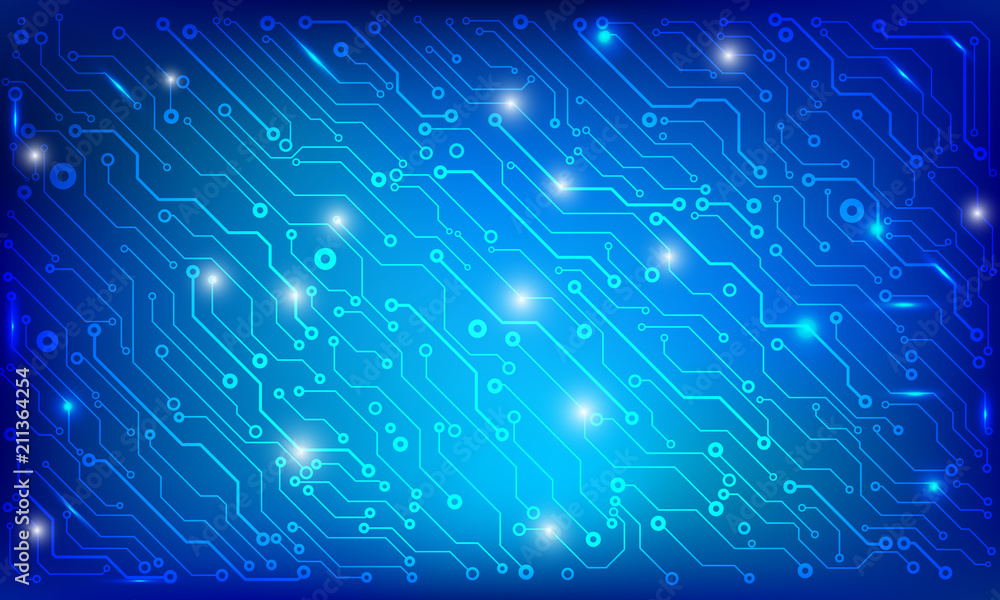 Poster Circuit Board Future Scifi Technology Pattern Vector Background. Blue Abstract Communication Trace Connection Illustration.