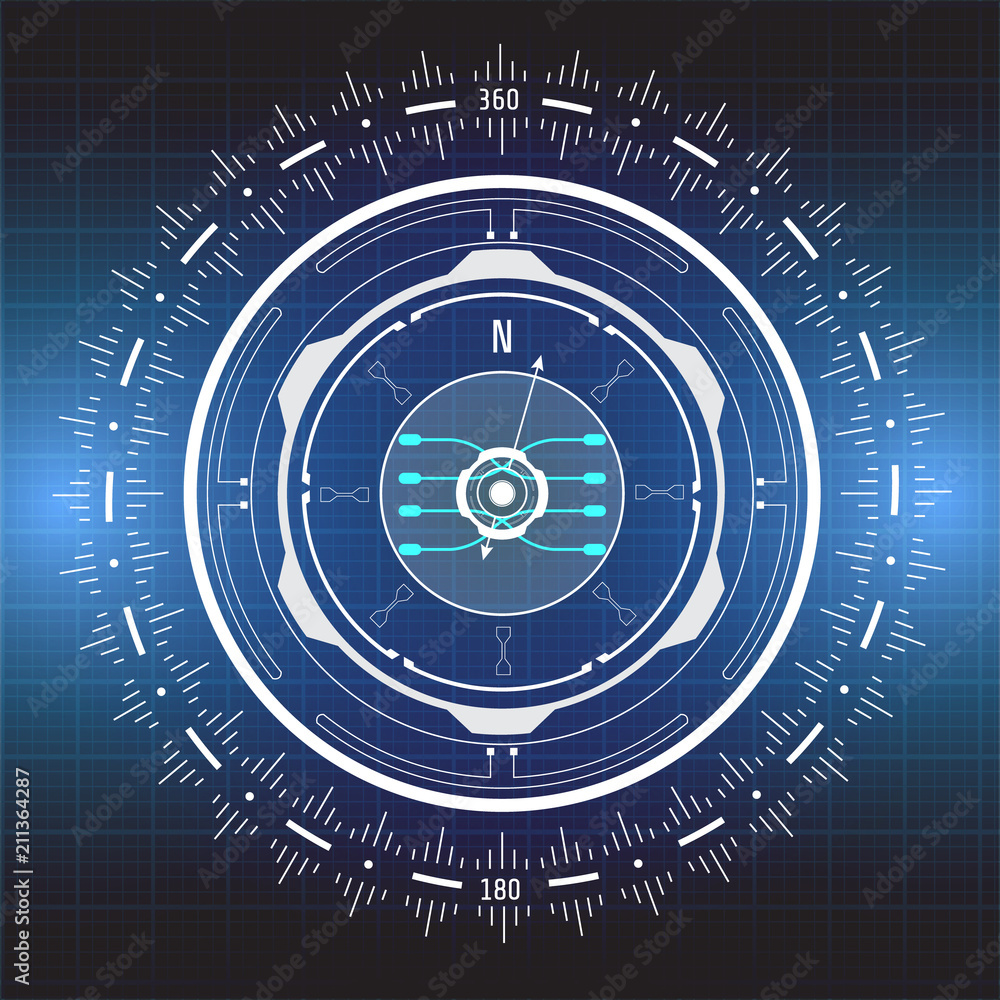 Poster Technology Futuristic Circle Compass Navigation Element Connection Panel On Grid Pattern Design.