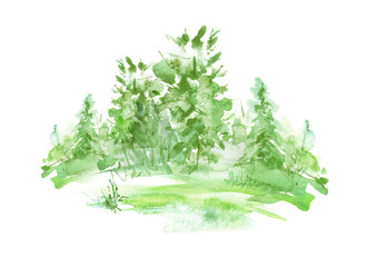 Watercolor forest, green silhouette of trees, bushes., Field. Country view.
Postcard, logo, card. Drawing of green trees on a yellow grass on a white  background. Splash of paint. 