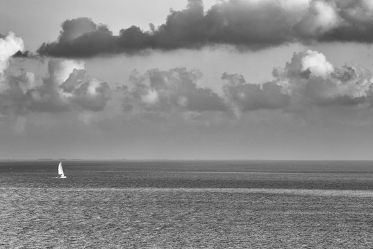 Fototapeta Single sailboat in a big sea. Horizon with dramatic clouds. Image in black and white.