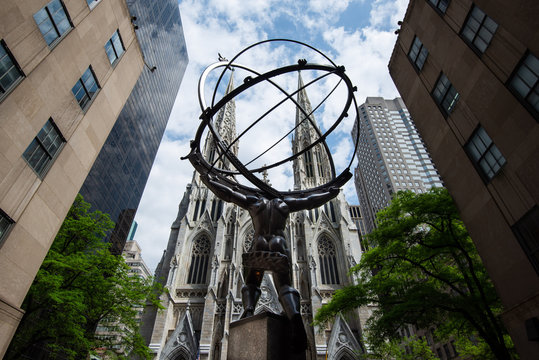 St. Patrick's Cathedral And Atlas Statue In Manhattan, New York City