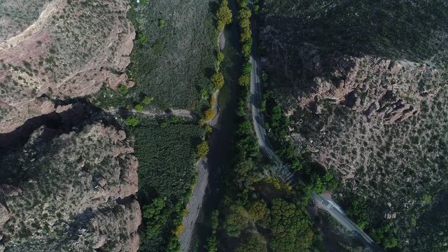 Aerial drone scene top view of Atuel river canyon in San Rafael, Mendoza, Cuyo Argentina. Camera moving forwards. Street next to the willows trees and river. Colorfull rocks.