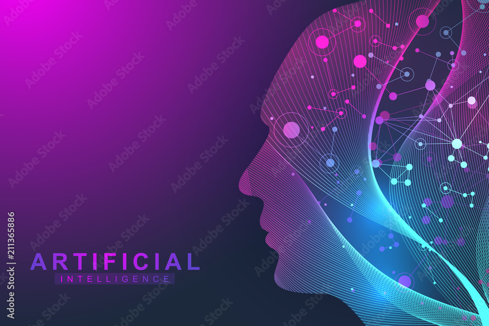 Poster Futuristic Artificial Intelligence and Machine Learning Concept.. Human Big Data Visualization. Wave Flow Communication, Scientific vector illustration.