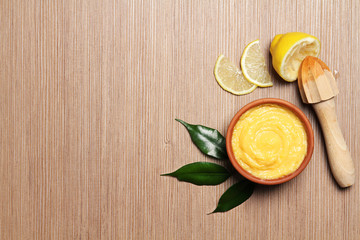 Lemon curd in a plate on the table. With space for text