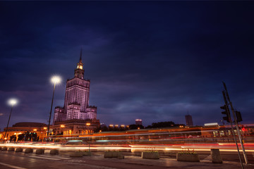 warsaw center at night and the palace of culture and science