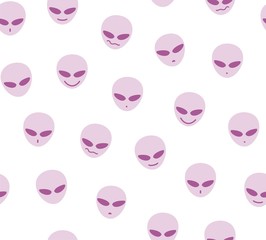 Aliens, seamless pattern, white, lilac, different emotions, vector. Lilac faces of aliens on a white field. Vector image. Decorative seamless pattern. 