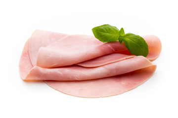 Sliced boiled ham sausage isolated on white background, top view.