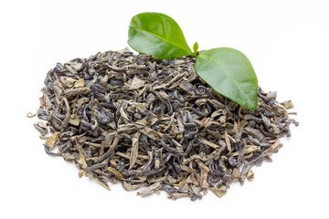 Green tea leaf isolated on white background.