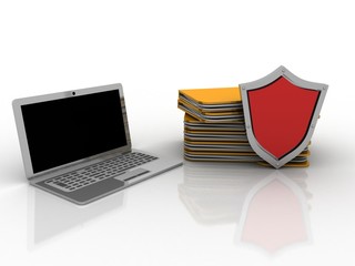 3d rendering laptop with shield near folder
