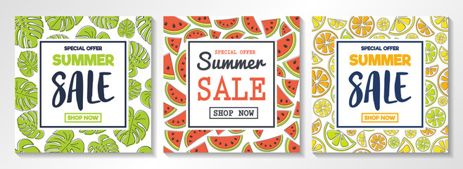 Summer Sale - concept of multicoloured posters with hand drawn icons of tropical fruits and leaves. Vector.