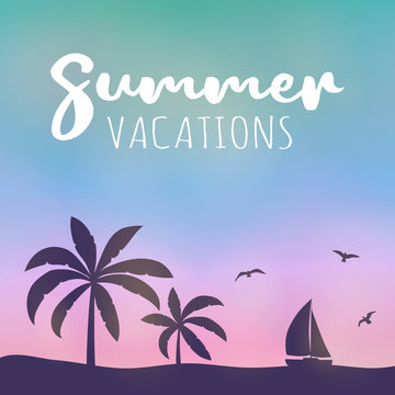 Summer calligraphy. Colourful poster with palm trees and text. Vector.