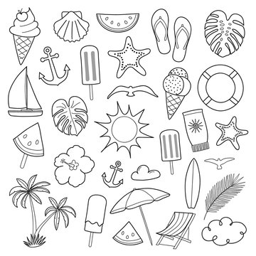 Collection of summer icons isolated on white background. Vector.