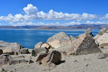 China. Great lakes of Tibet. Lake Teri Tashi Namtso in sunny summer day