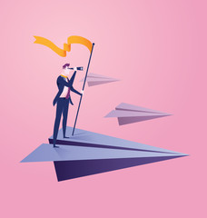 Business concept illustration of businessman using telescope on paper plane, opportunity, vision in business