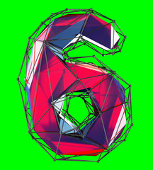 Number 6 six in low poly style red color isolated on green background. 3d