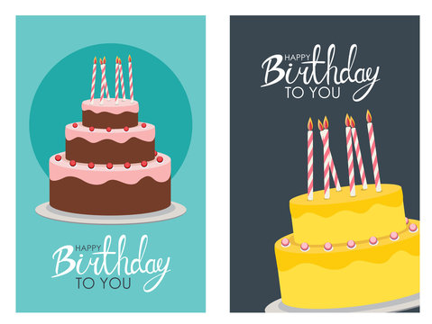 Happy Birthday Poster Background With Cake. Vector Illustration