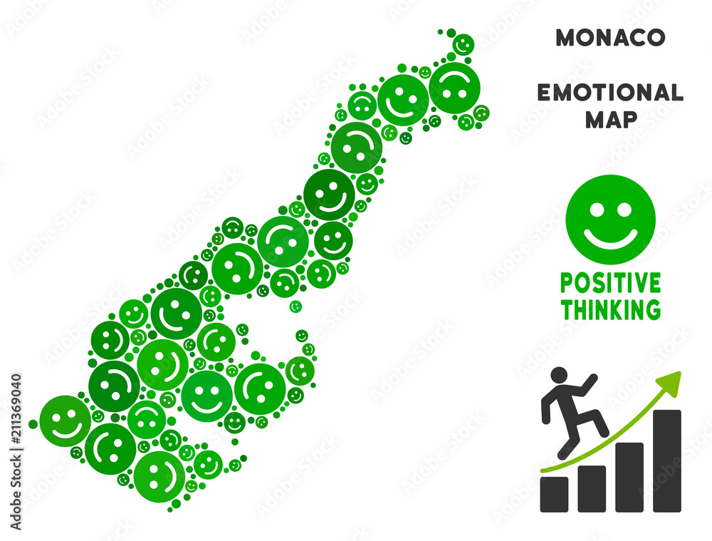 Poster happiness monaco map mosaic of smile emojis in green tints. positive thinking vector concept. monaco